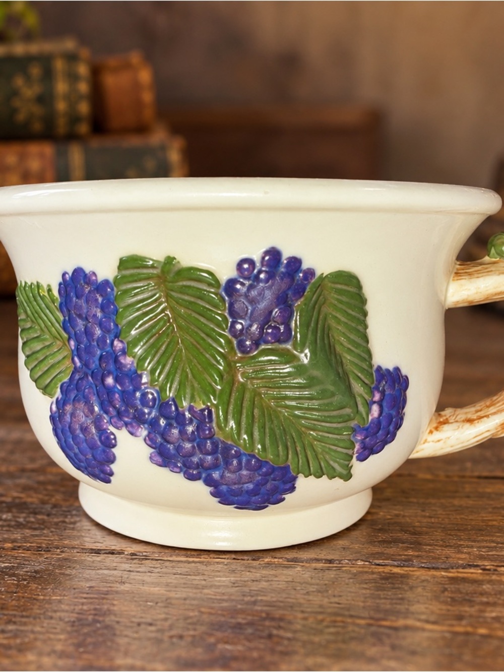 Vintage 1973 Atlantic Mold Majolica Style Berry Cup Twig Handle Ceramic